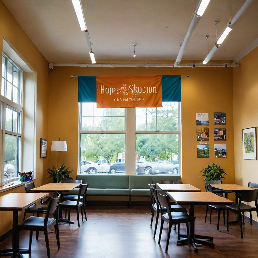 A warm and inviting community center filled with diverse people sharing ideas and resources, showcasing banners for housing solutions and support groups. Soft lighting accentuates a cozy atmosphere, while a large window reveals a garden outside symbolizing hope and recovery. Include elements like comfortable seating, resource brochures on tables, and a diverse mural on the wall that represents unity and strength. super-realistic. vibrant colors. warm tones.