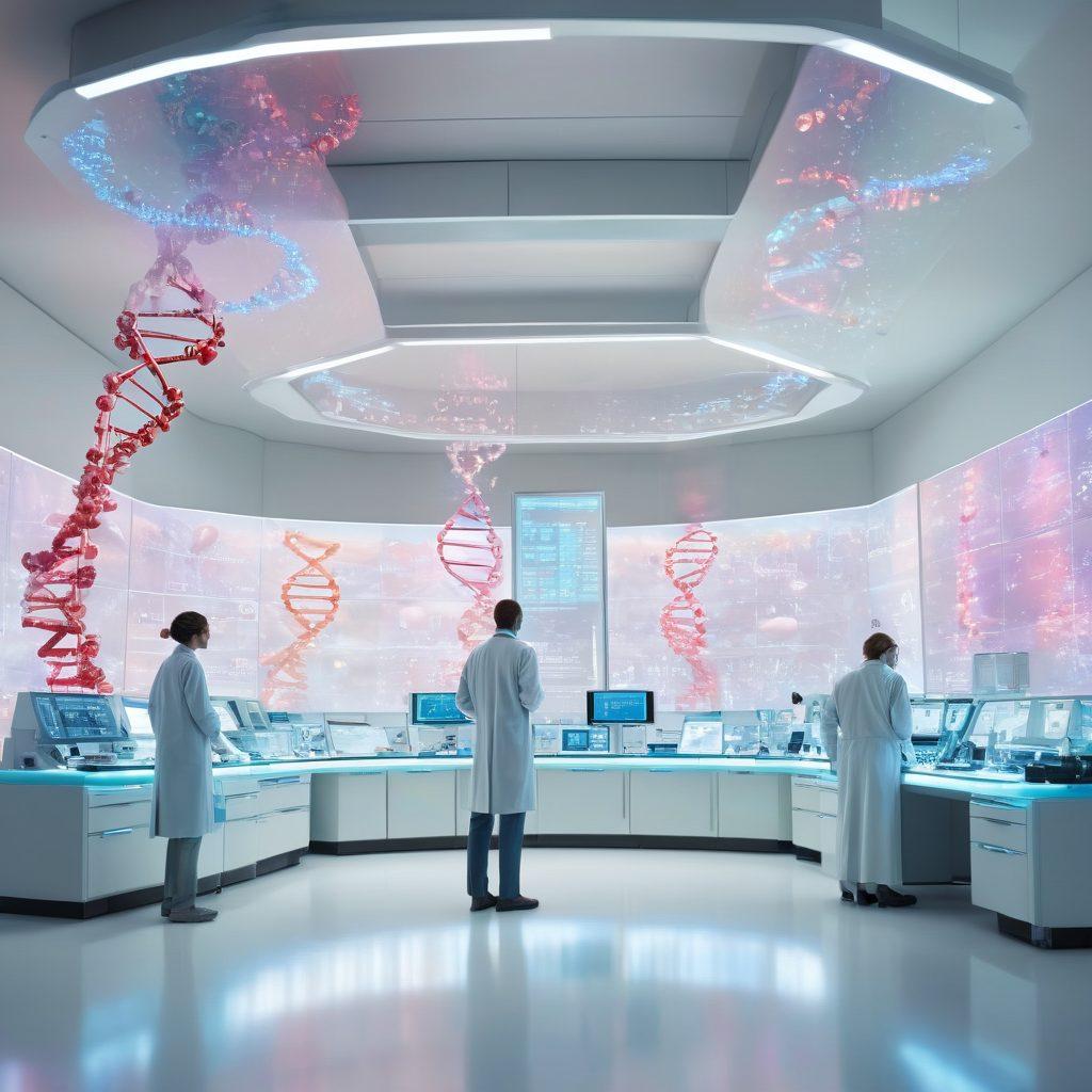 A futuristic laboratory filled with advanced technology, showcasing scientists collaborating on cancer research. Include vibrant holographic displays of DNA strands and cells, along with representations of diverse patients receiving care in the background. Symbolize hope with a glowing light illuminating the lab. super-realistic. vibrant colors. white background.